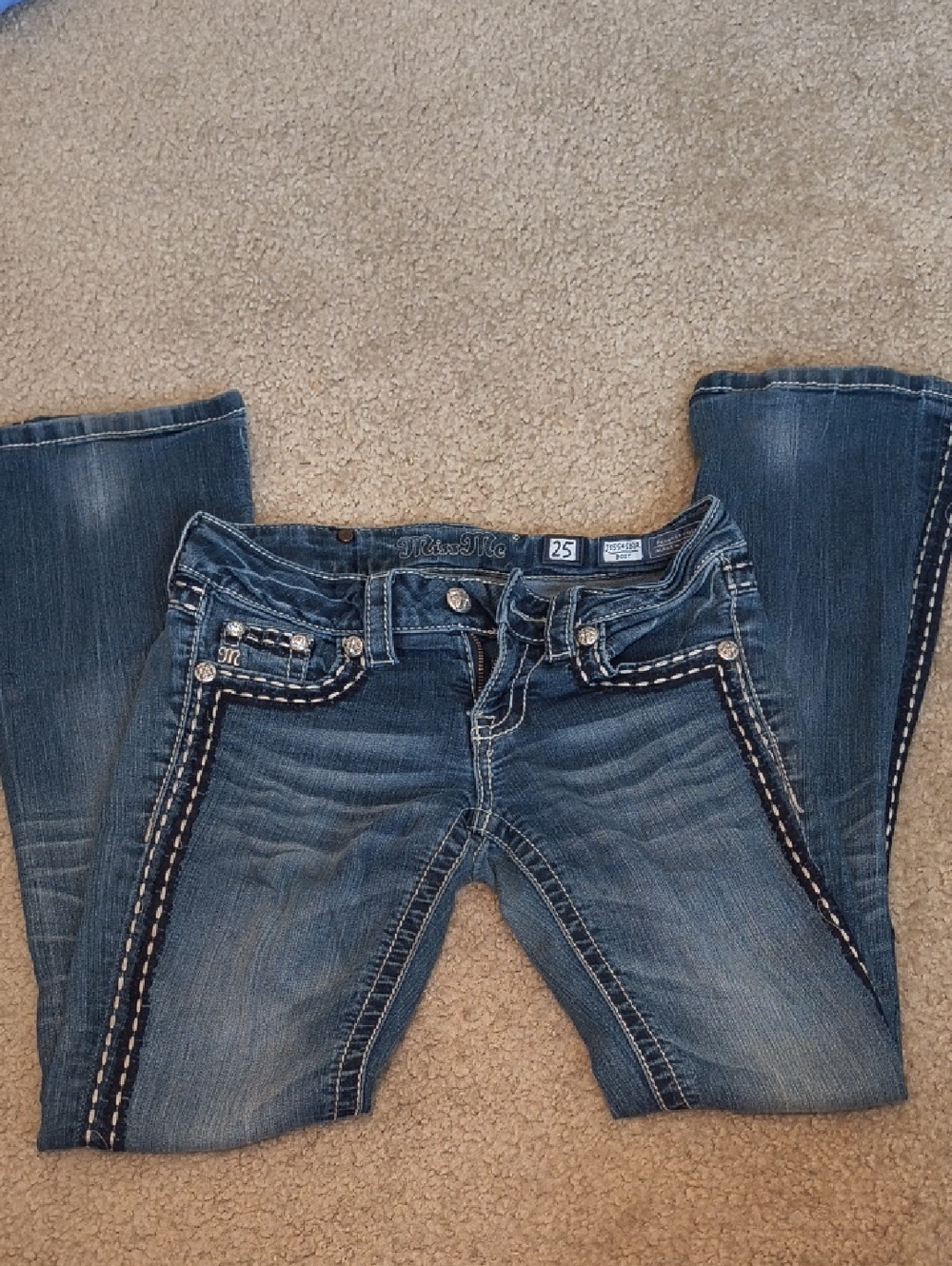 Women's Miss Me Dark Blue Bootcut Jeans with Contrast Stitching Size 25